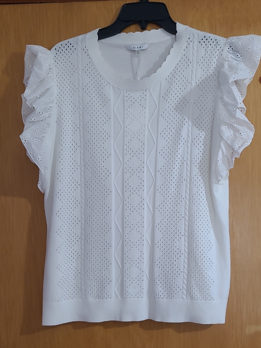 Sioni White Eyelet Ruffle Sleeve Knit Top